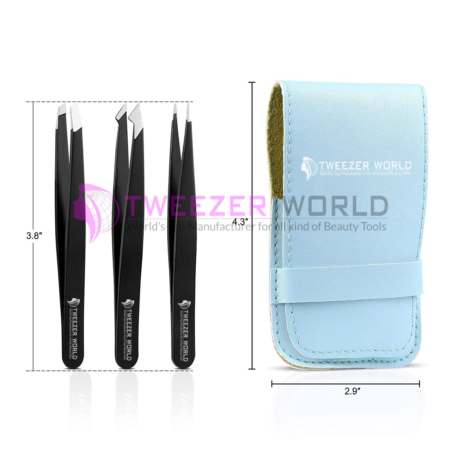 4pcs Professional Matt Black Powder Coated Eyebrow Tweezers Set