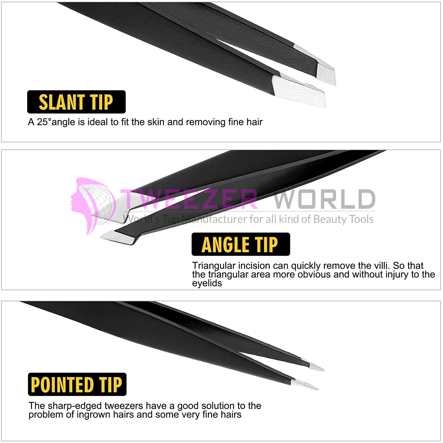 4pcs Professional Matt Black Powder Coated Eyebrow Tweezers Set