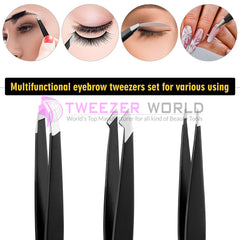 4pcs Professional Matt Black Powder Coated Eyebrow Tweezers Set