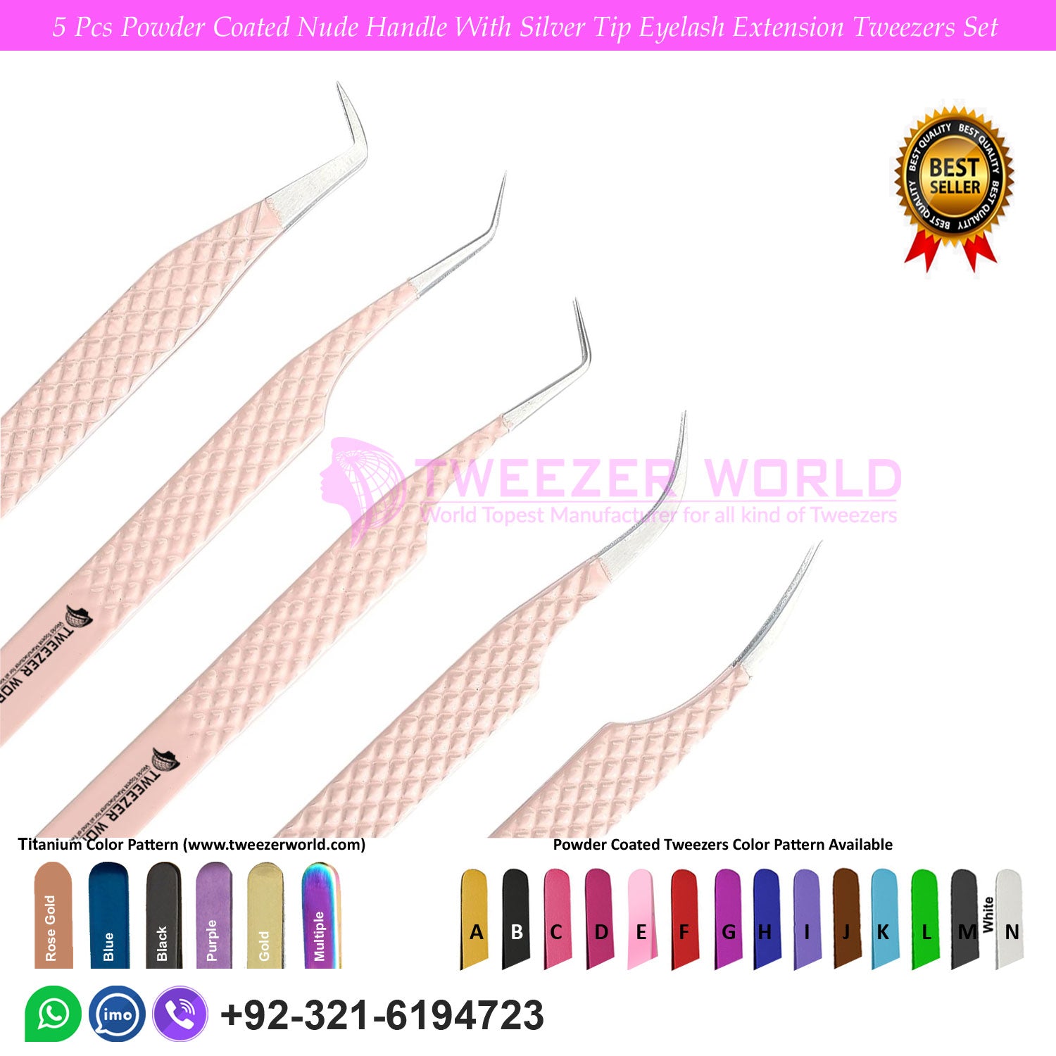 5pcs Powder Coated Nude With Silver Tip Eyelash Tweezers Sets