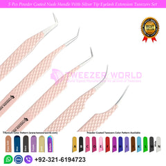 5pcs Powder Coated Nude With Silver Tip Eyelash Tweezers Sets