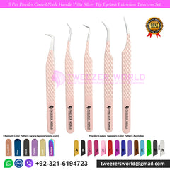 5pcs Powder Coated Nude With Silver Tip Eyelash Tweezers Sets