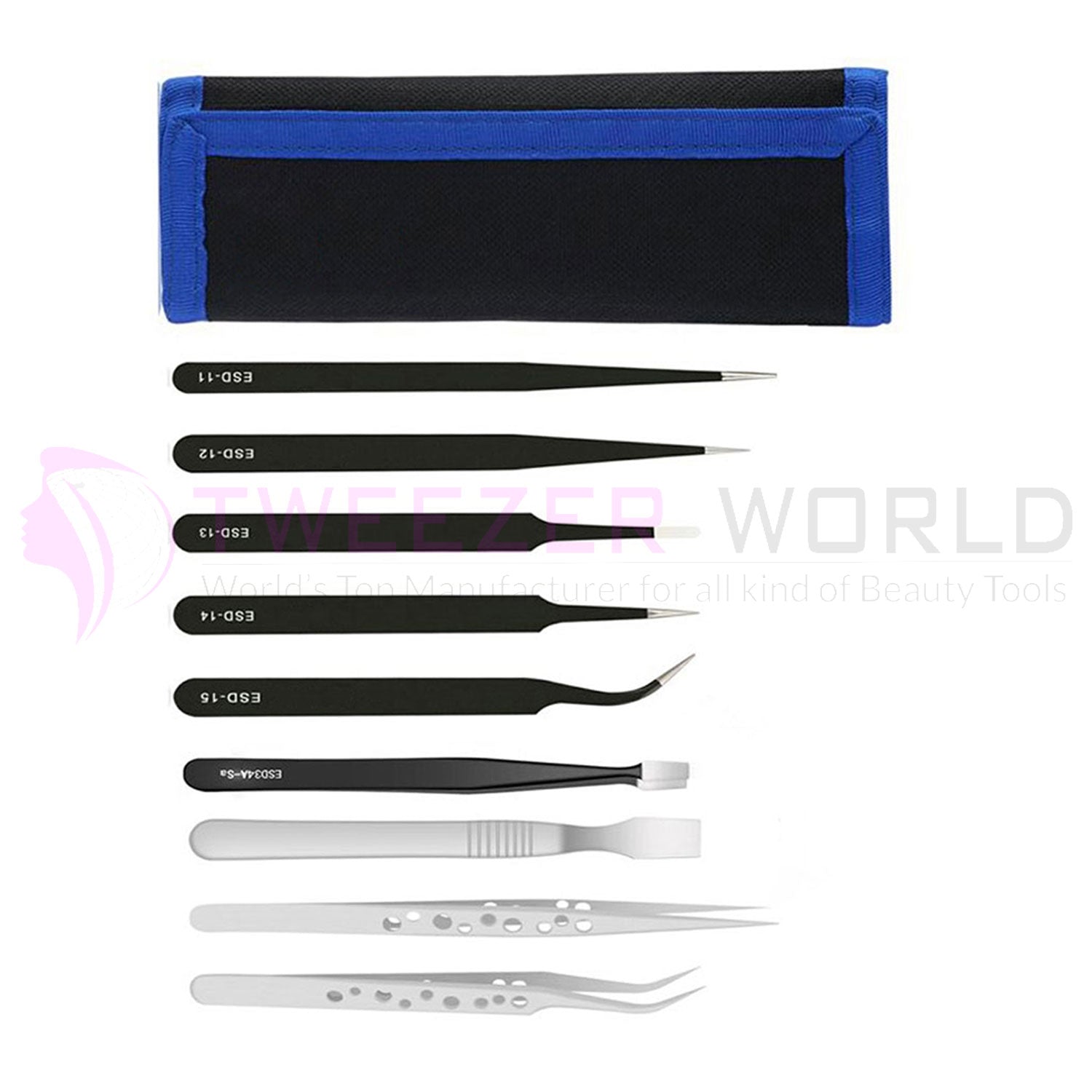 9 Pieces Professional ESD Anti-Static Stainless Steel Tweezers set