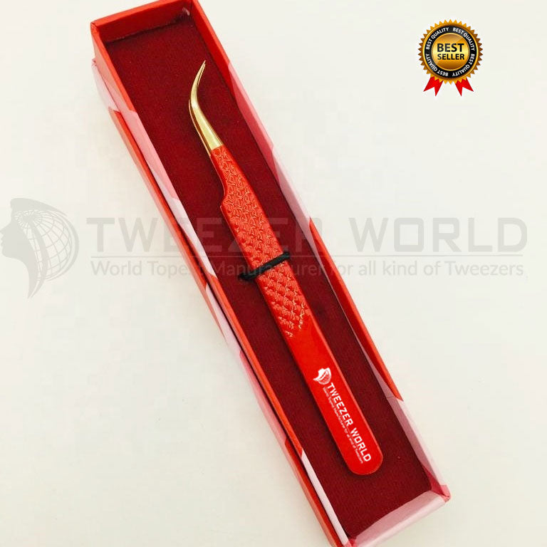 Powder  Coated Red Handle With Gold Fiber Tip Eyelash Extension Tweezer