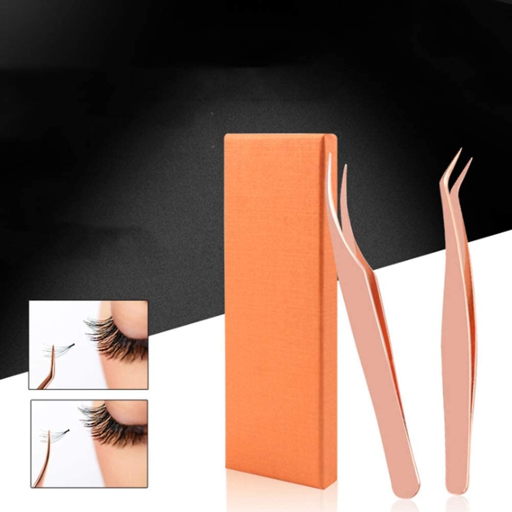 Curved Tip Tweezers Steel Precision Volume Lash Tweezers Set - Rose Gold