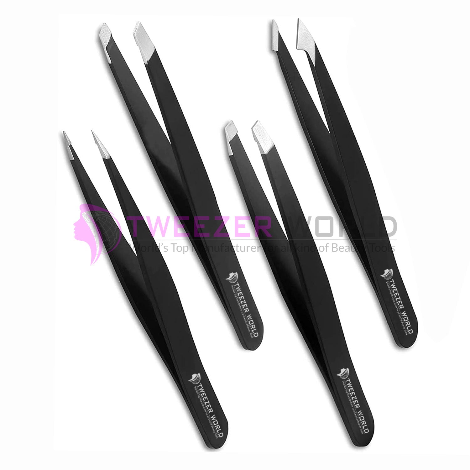 5Pcs Black Powder Coated Eyebrow Tweezers Set With Silver Scissor