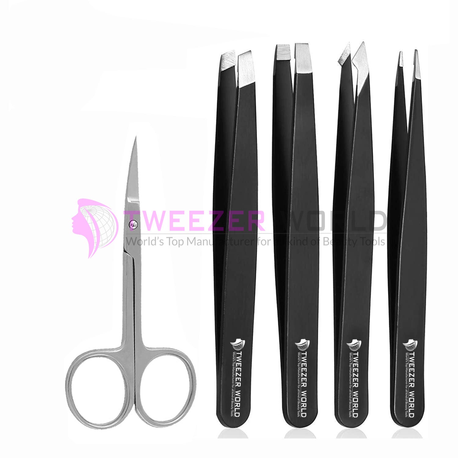 5Pcs Black Powder Coated Eyebrow Tweezers Set With Silver Scissor