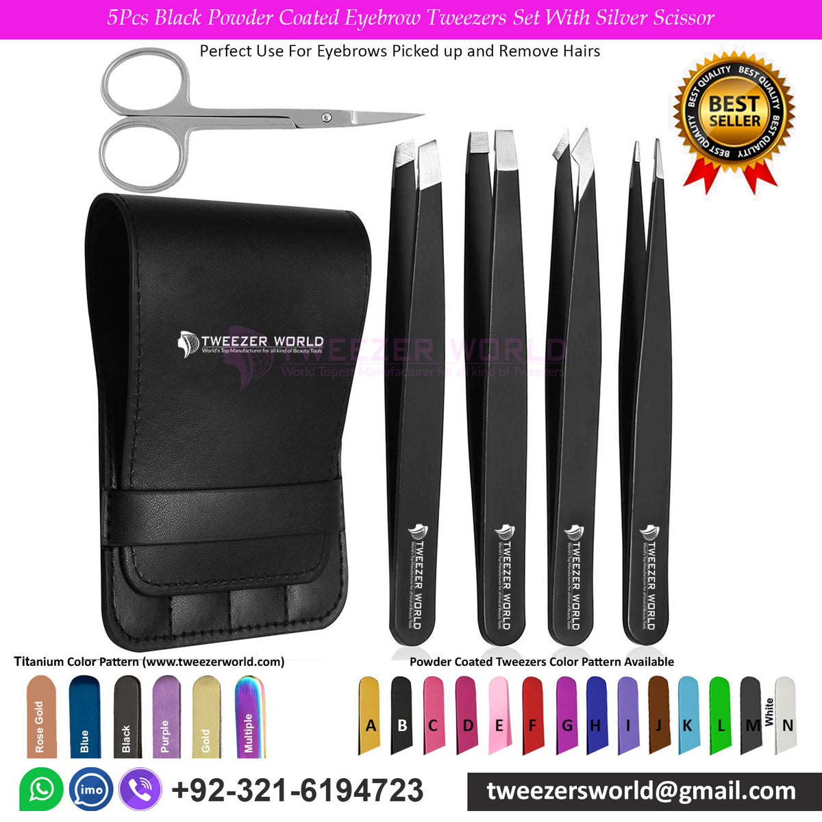 5Pcs Black Powder Coated Eyebrow Tweezers Set With Silver Scissor