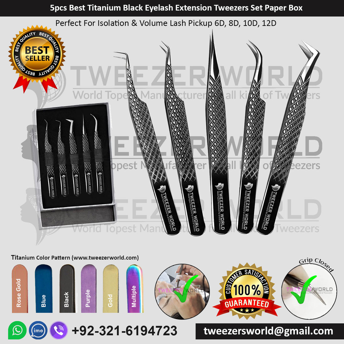 5pcs Best Titanium Black Eyelash Extension Tweezers Set Paper Box