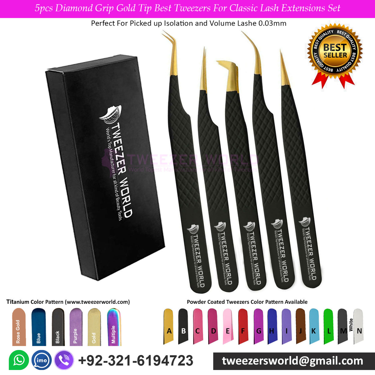 5pcs Diamond Grip Gold Tip Best Tweezers For Classic Lash Extensions Set