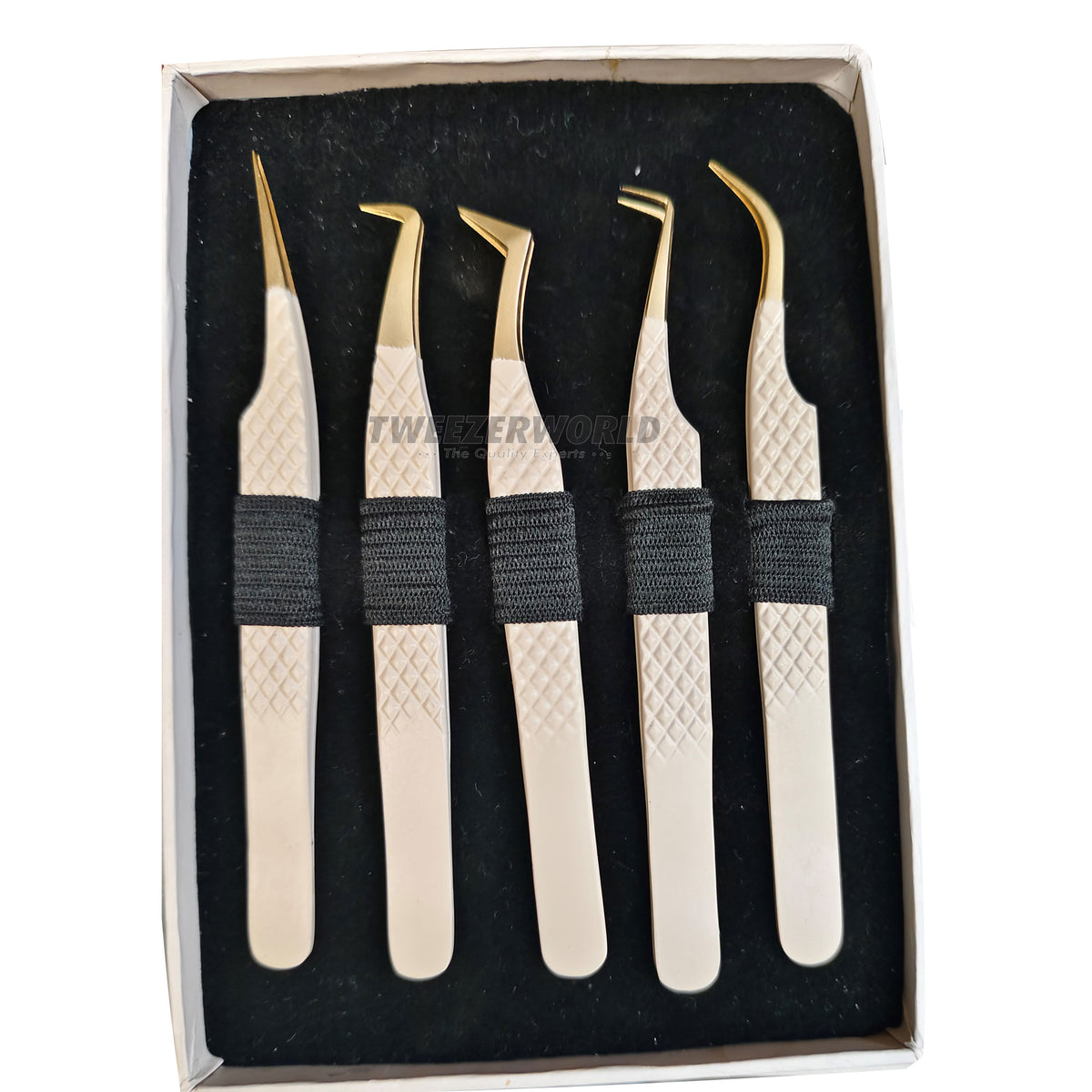 5pcs Nude Gold Tip Tools for Eyelashes Tweezers Set - TWEEZER WORLD