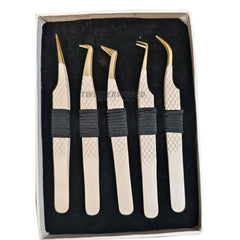 5pcs Nude Gold Tip Tools for Eyelashes Tweezers Set - TWEEZER WORLD