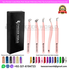 5pcs Coated Baby Pink With Fiber Tip Eyelash Tweezer Set