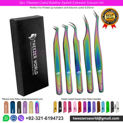 5pcs Titanium Coated Rainbow Eyelash Extension Tweezers Set