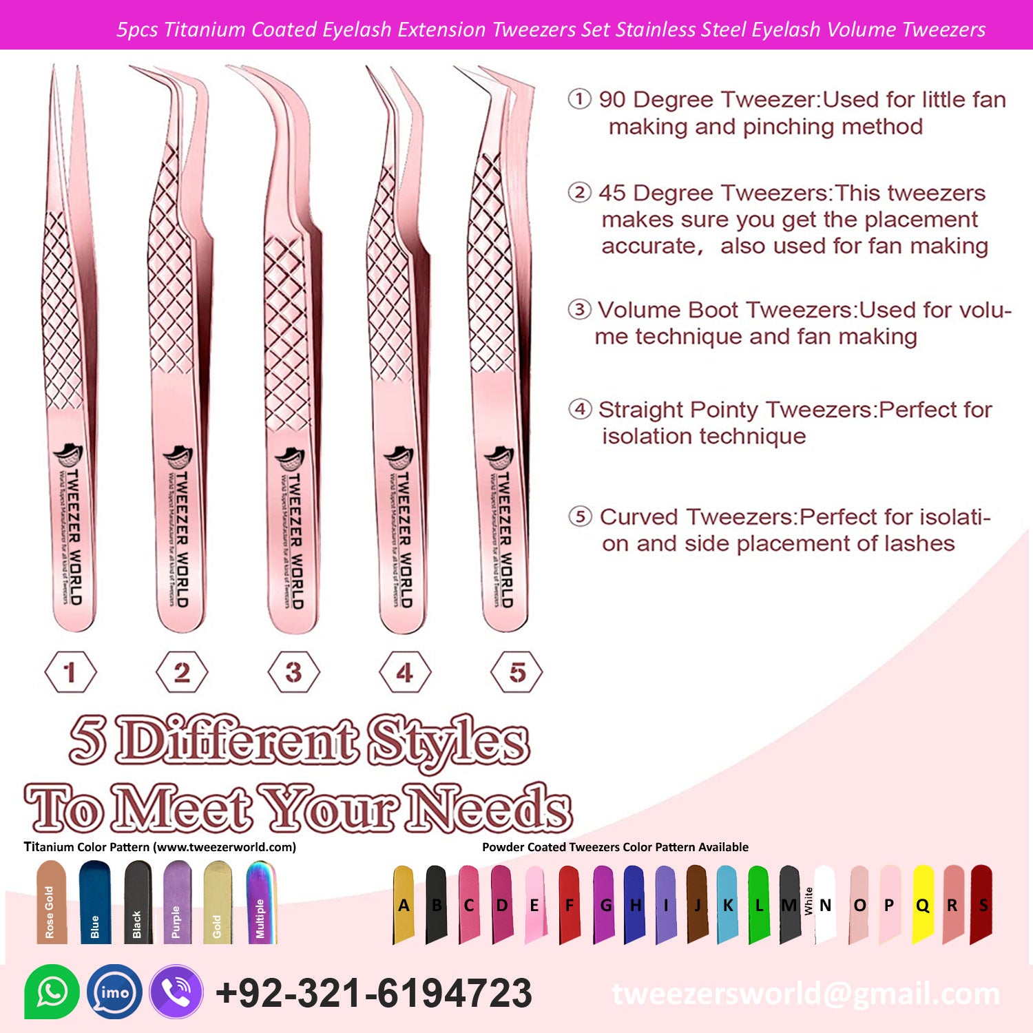 5pcs Titanium coated Volume Tweezers Eyelash Extension Sets