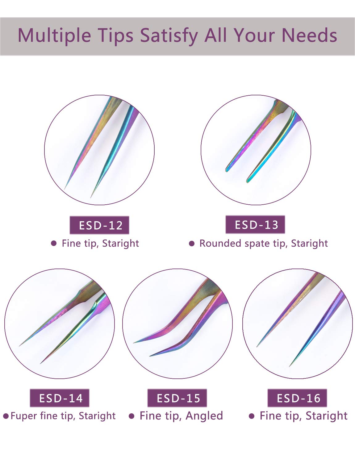 Rainbow Stainless Steel Tweezers Kit Anti-Static Precision Tweezers Set