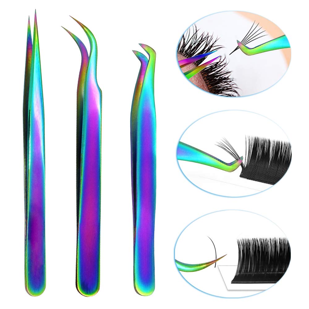 Lash Extension Supplies Stainless Steel Precision Tweezers (3 pcs, Rainbow)