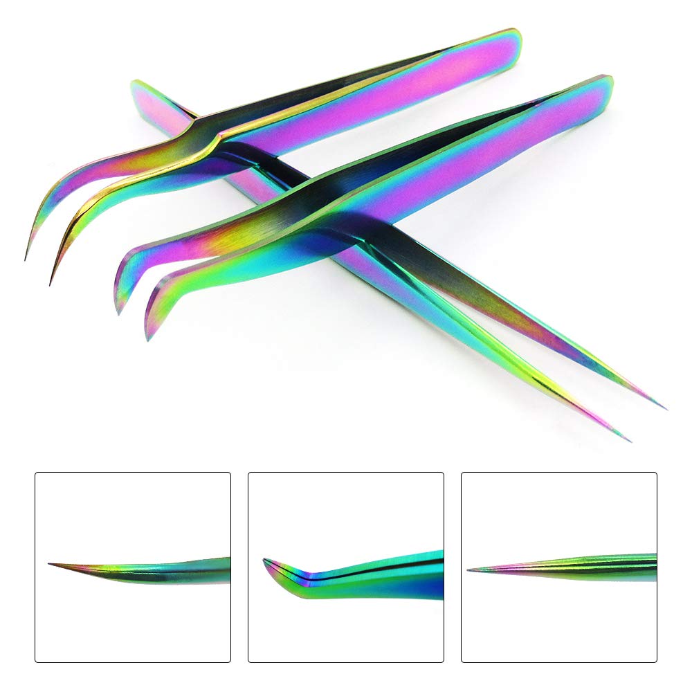 Lash Extension Supplies Stainless Steel Precision Tweezers (3 pcs, Rainbow)