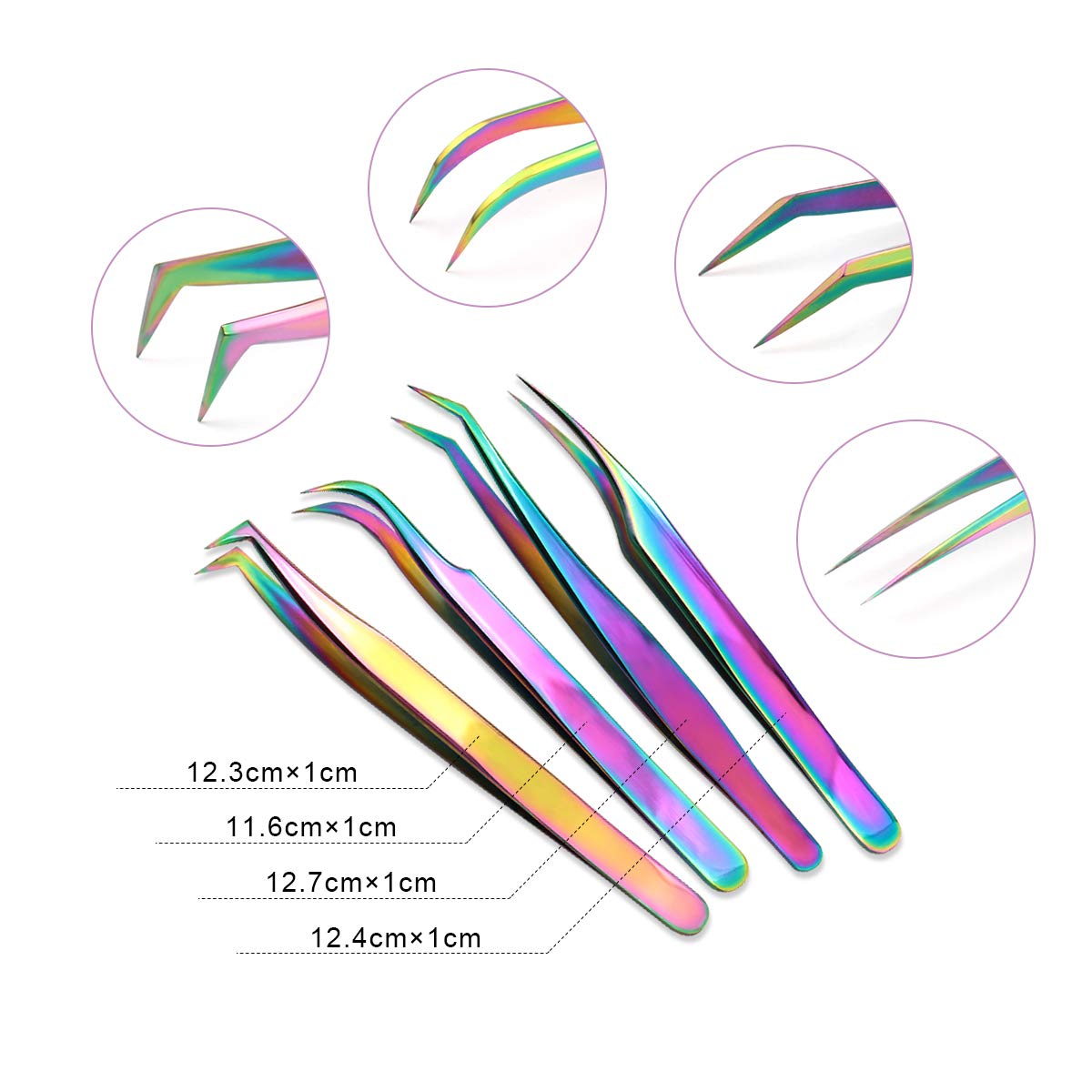 4 PCS Stainless Steel Curved Tip Precision Tweezers (Rainbow)