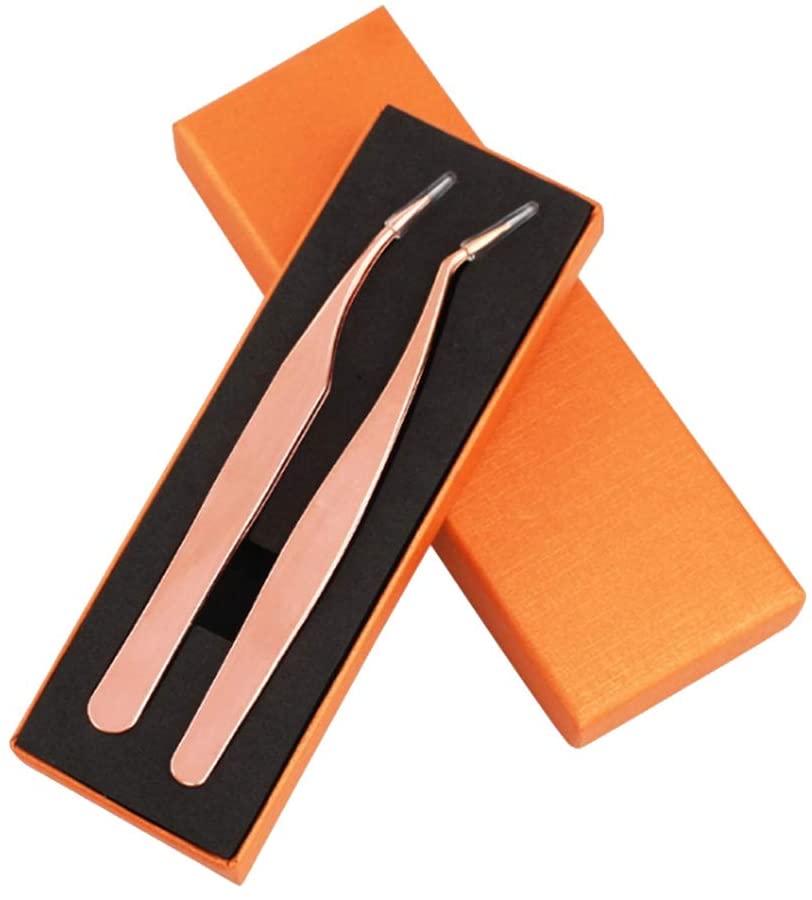 Curved Tip Tweezers Steel Precision Volume Lash Tweezers Set - Rose Gold