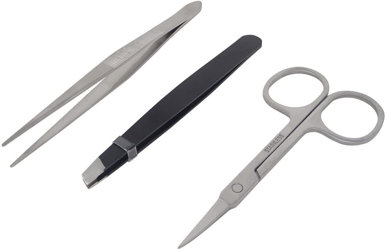 3PCS Tweezers Set Point and Slant Stainless Steel Tweezers and Scissor