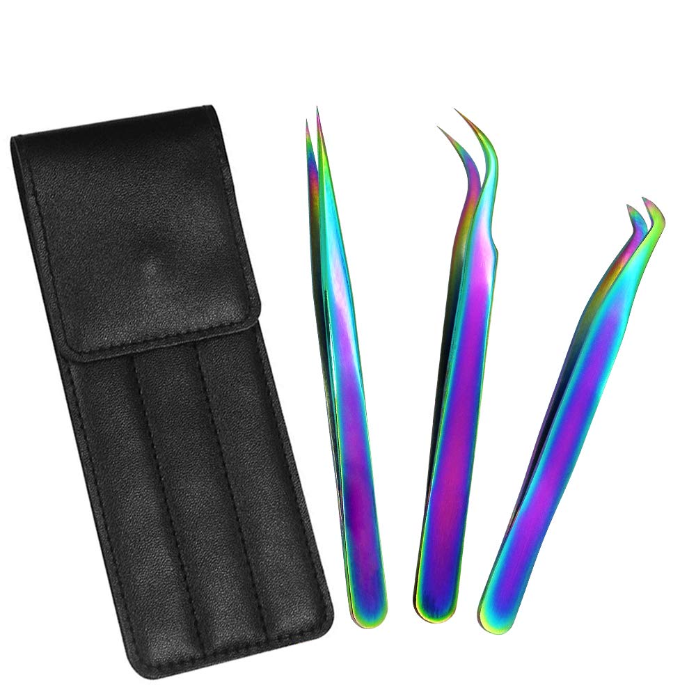 Lash Extension Supplies Stainless Steel Precision Tweezers (3 pcs, Rainbow)