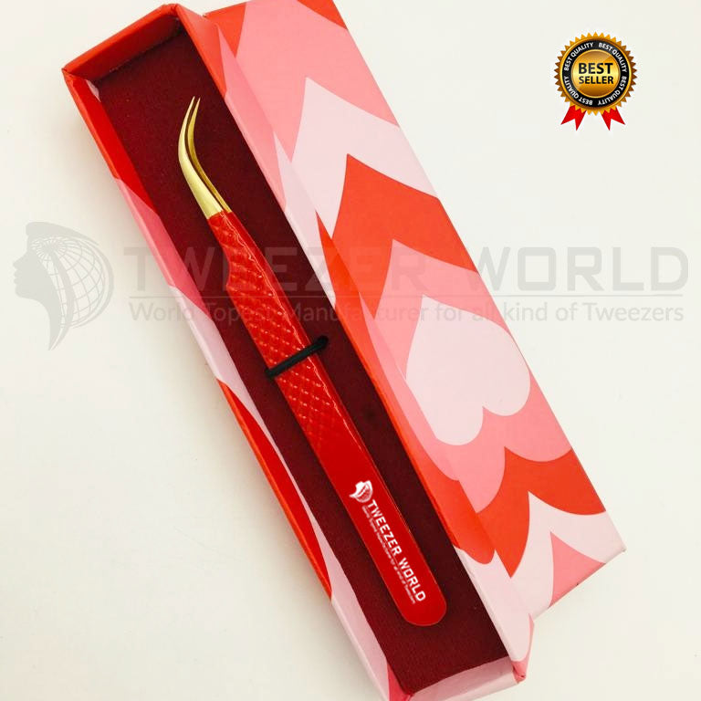 Powder  Coated Red Handle With Gold Fiber Tip Eyelash Extension Tweezer