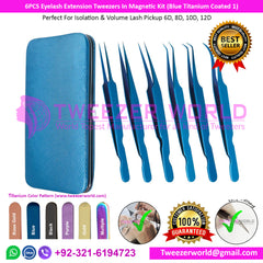 6pcs Titanium Coated Blue Eyelash Extension Tweezers Magnetic Set