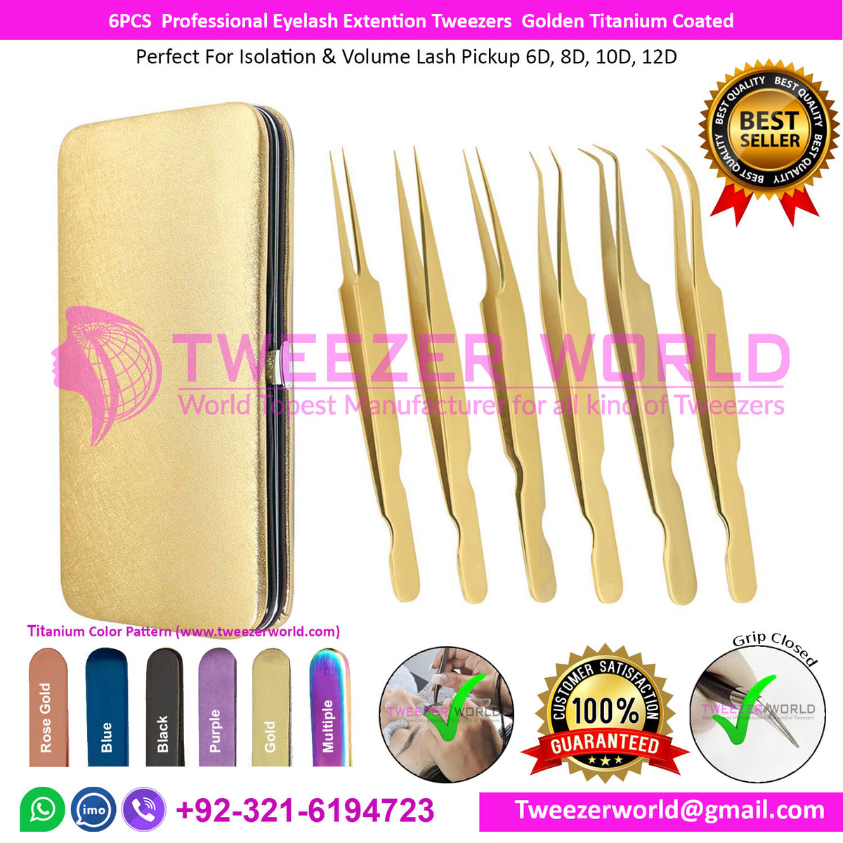 Buy 6pcs Professional Titanium Gold Best Eyelash Extension Tweezers Set