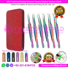 6PCS Professional Eyelash Extension Tweezers Rainbow Titanium Coated