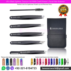 6Pcs Black Eyebrow Tweezers Set With Comb Women's Facial Hair Remover