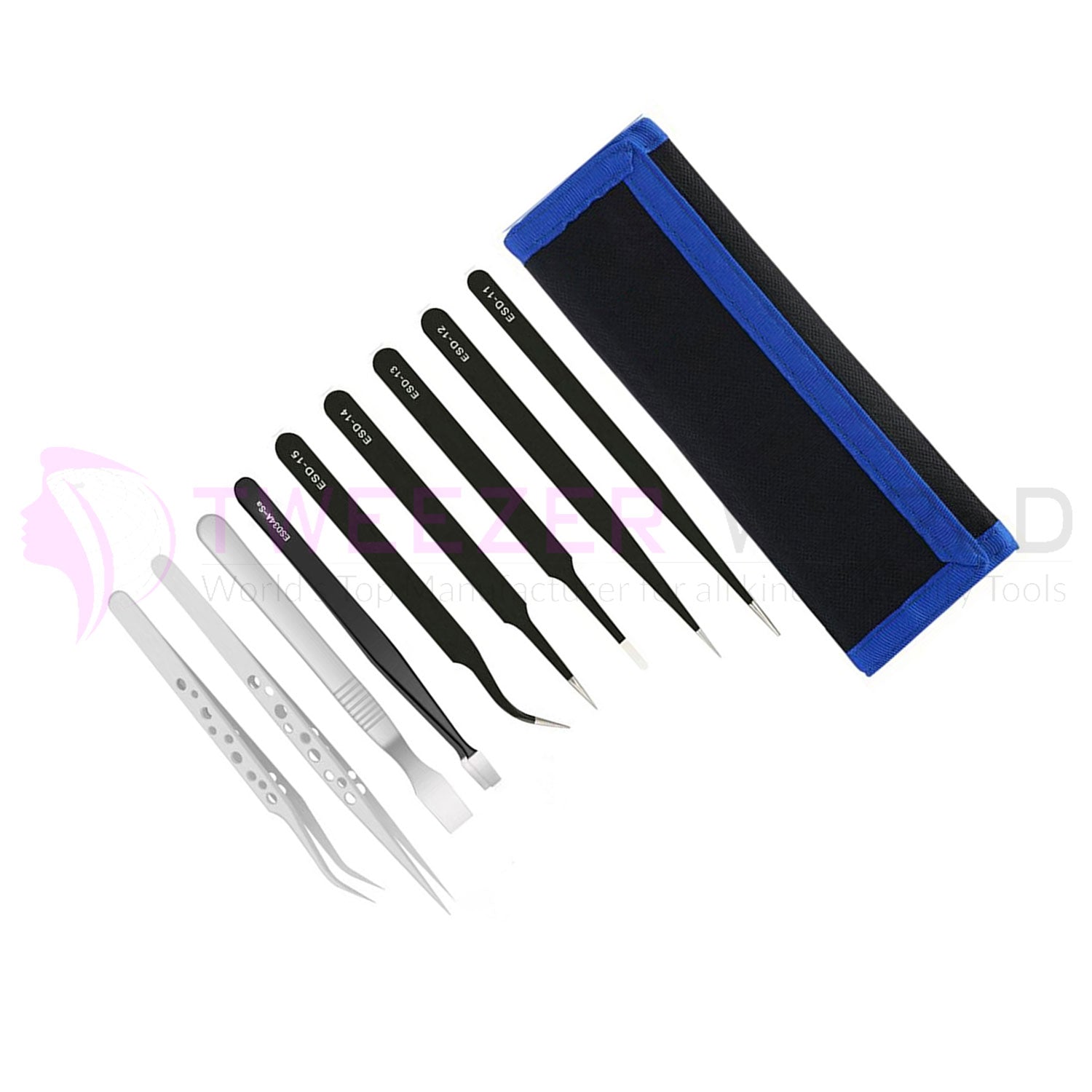 9 Pieces Professional ESD Anti-Static Stainless Steel Tweezers set