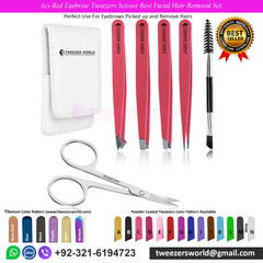 6cs Red Eyebrow Tweezers Scissor Best Facial Hair Removal Set