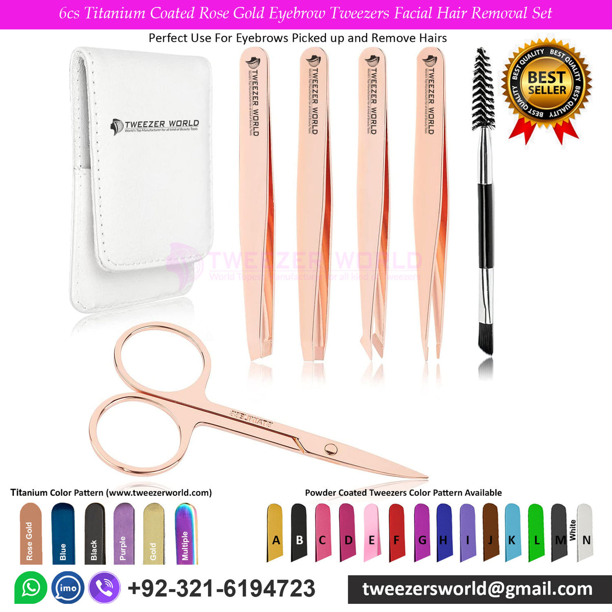 6cs Titanium Coated Rose Gold Eyebrow Tweezers Facial Hair Removal Set