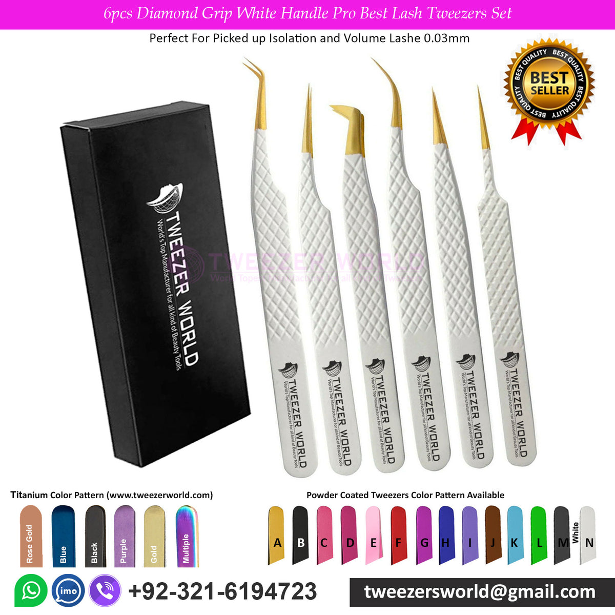 6pcs Diamond Grip White Handle Pro Best Lash Tweezers Set