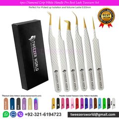 6pcs Diamond Grip White Handle Pro Best Lash Tweezers Set