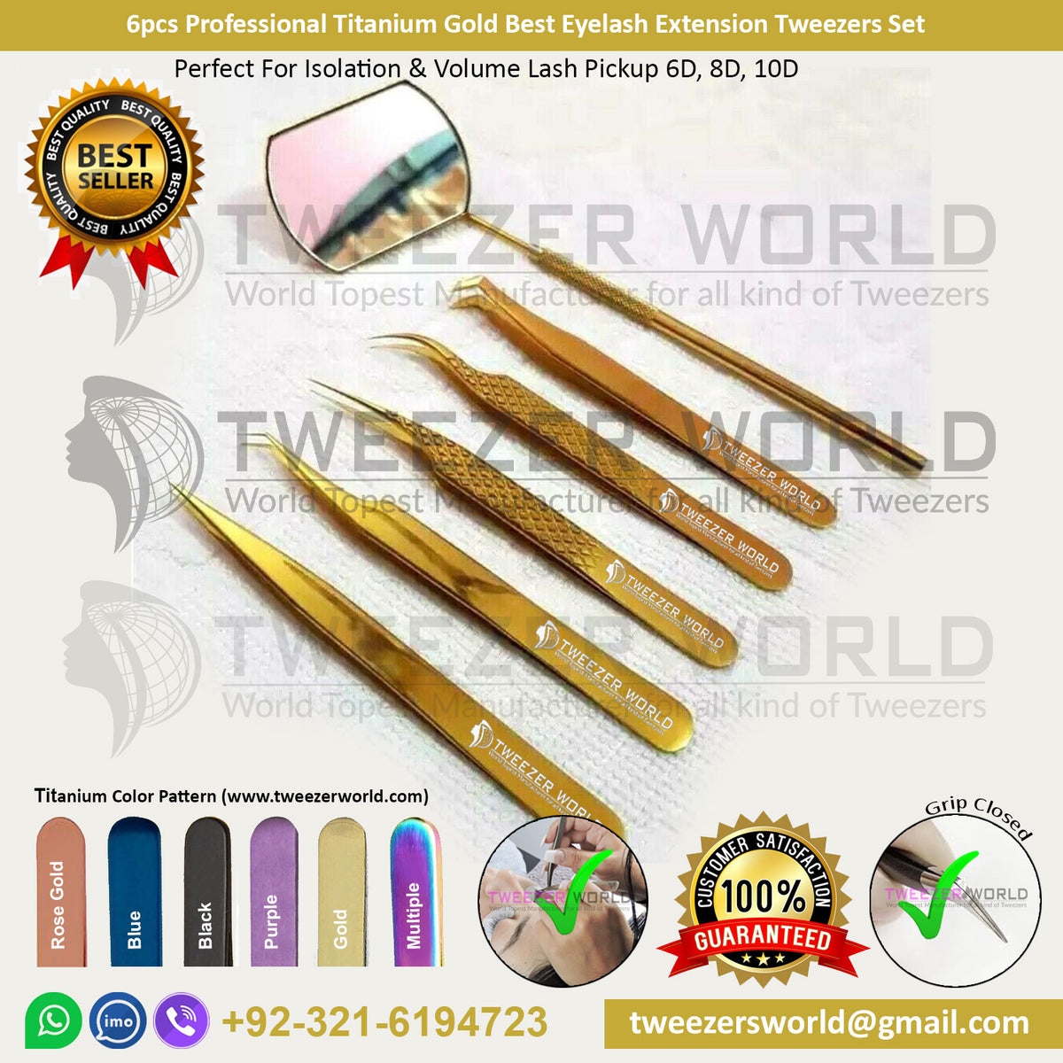 6pcs Professional Titanium Gold Best Eyelash Extension Tweezers Set