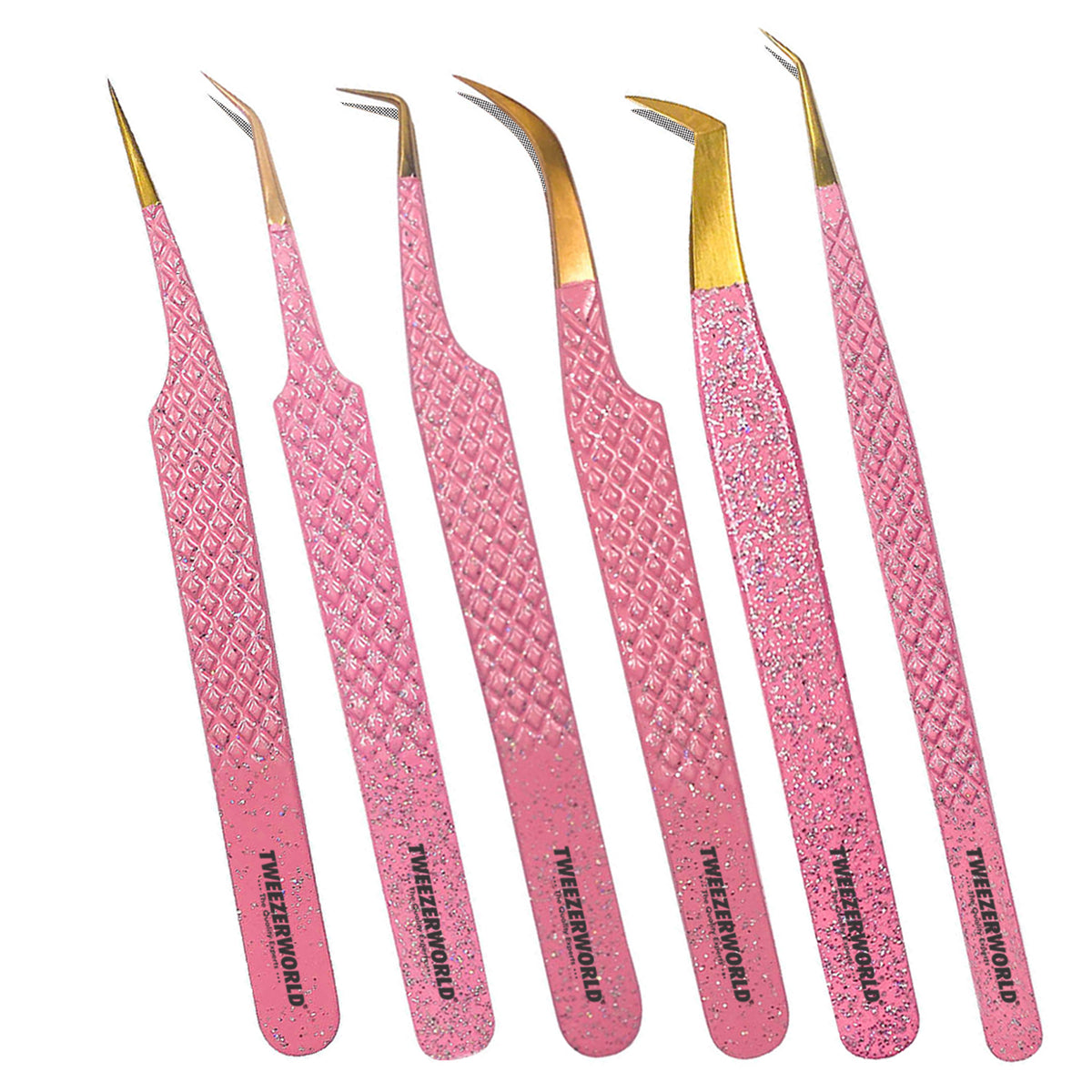 6pcs Pink Handle Gold Tip Best Eyelash Extension Tweezers Set - TWEEZER WORLD