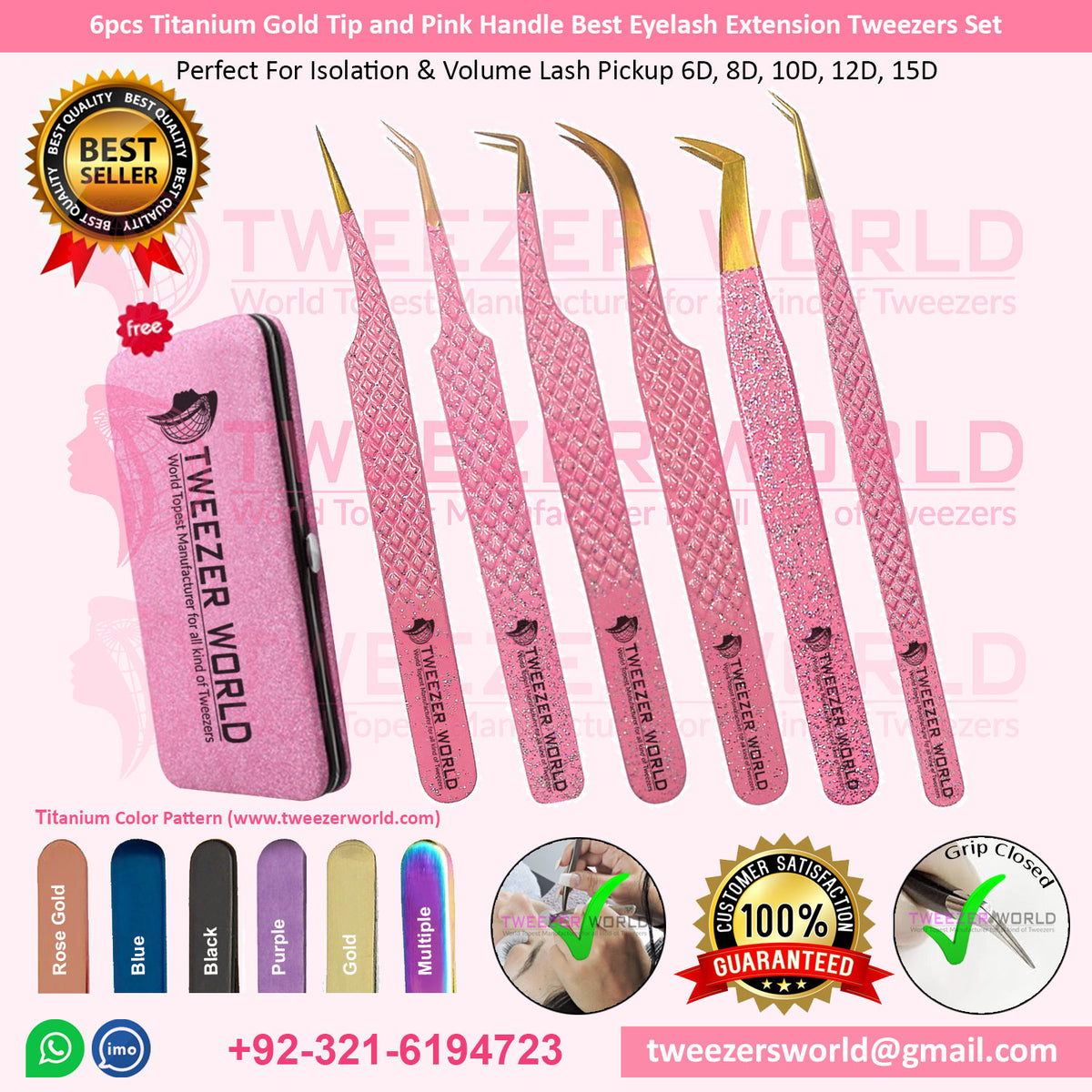 6pcs Titanium Gold Tip, Pink Handle Best Eyelash Extension Tweezers Set