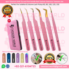 6pcs Titanium Gold Tip, Pink Handle Best Eyelash Extension Tweezers Set