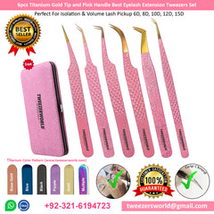 6pcs Pink Handle Gold Tip Best Eyelash Extension Tweezers Set - TWEEZER WORLD