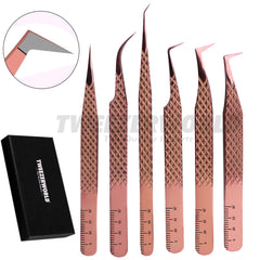 6pcs Rose Gold Lash Tweezers Set Fiber Tip With Rulers - TWEEZER WORLD