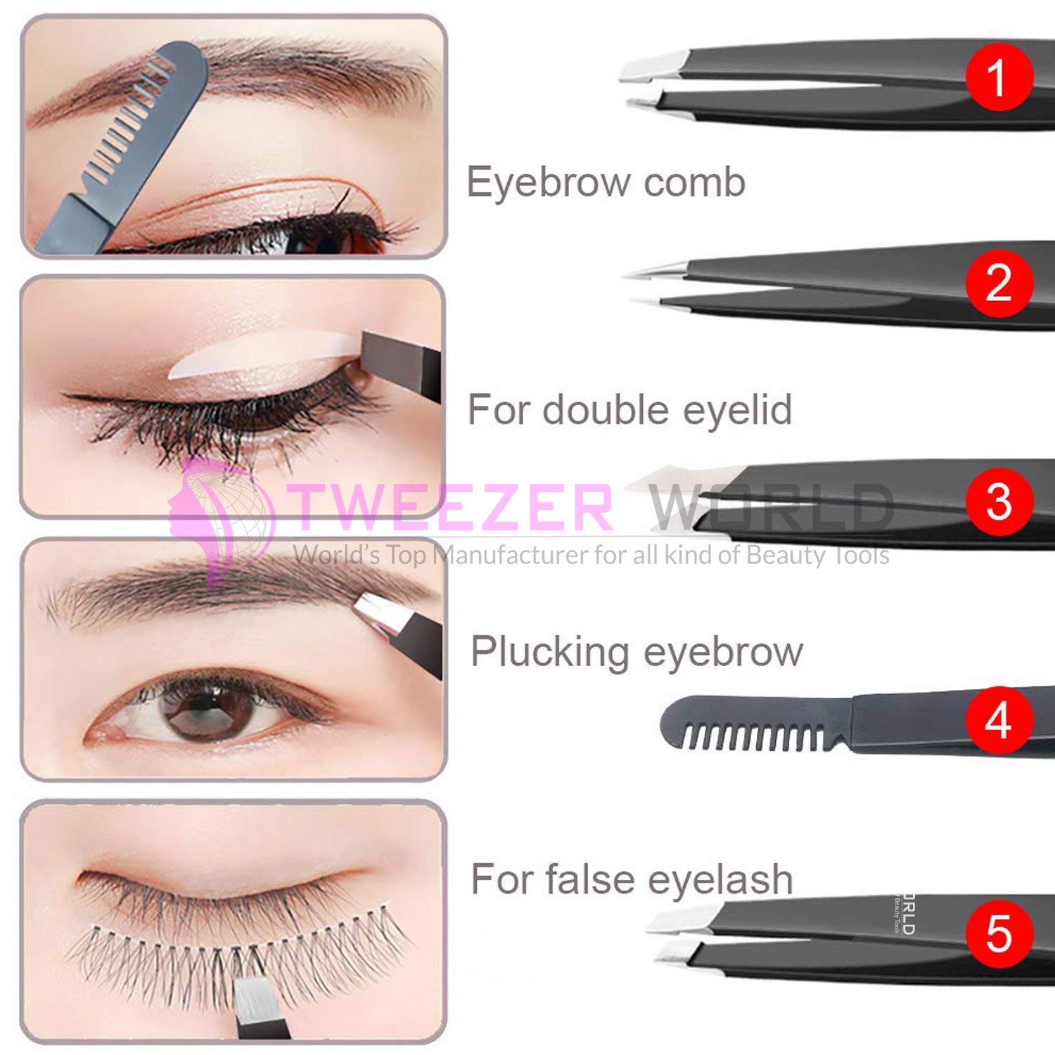 6Pcs Black Eyebrow Tweezers Set With Comb Women's Facial Hair Remover