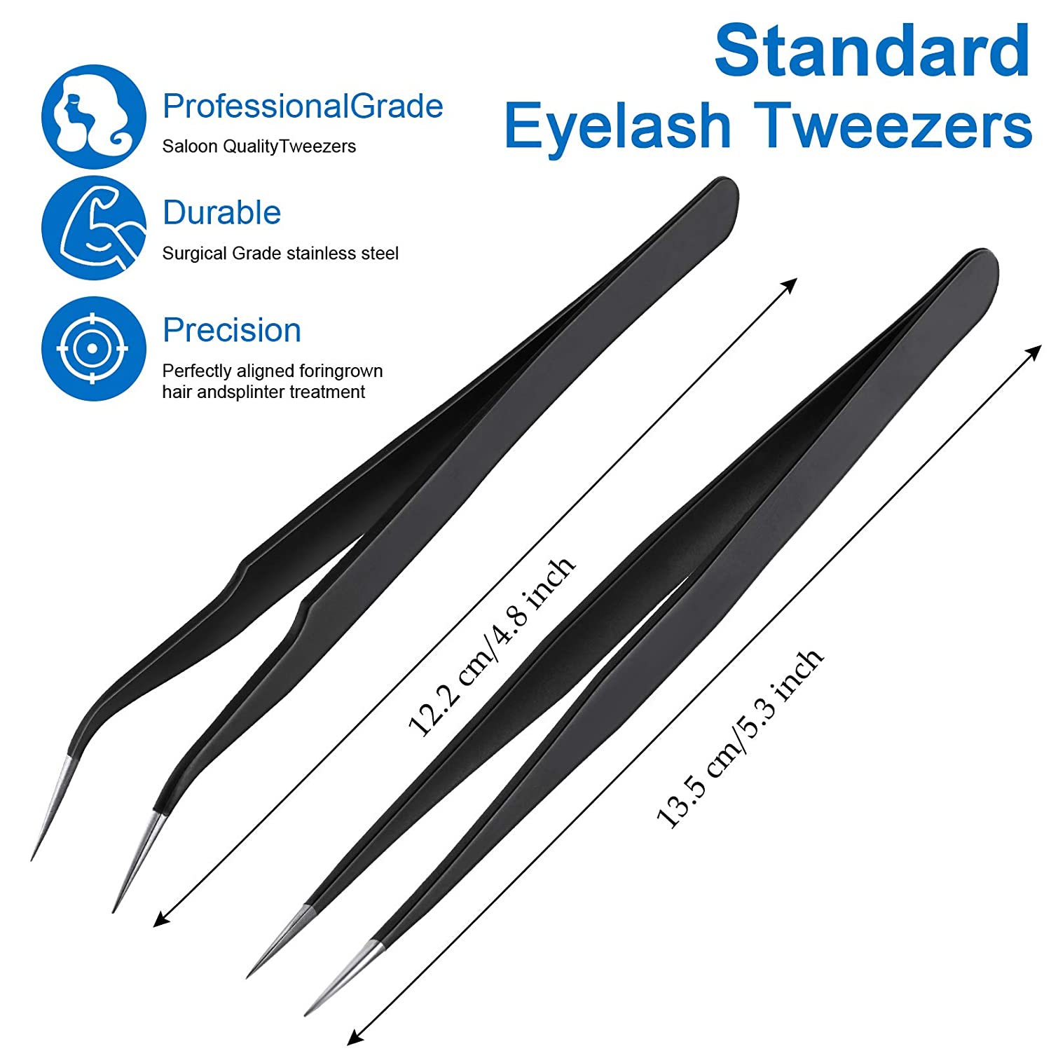 Top quality 2pcs Black Straight Curved Tip Eyelash Tweezers Set