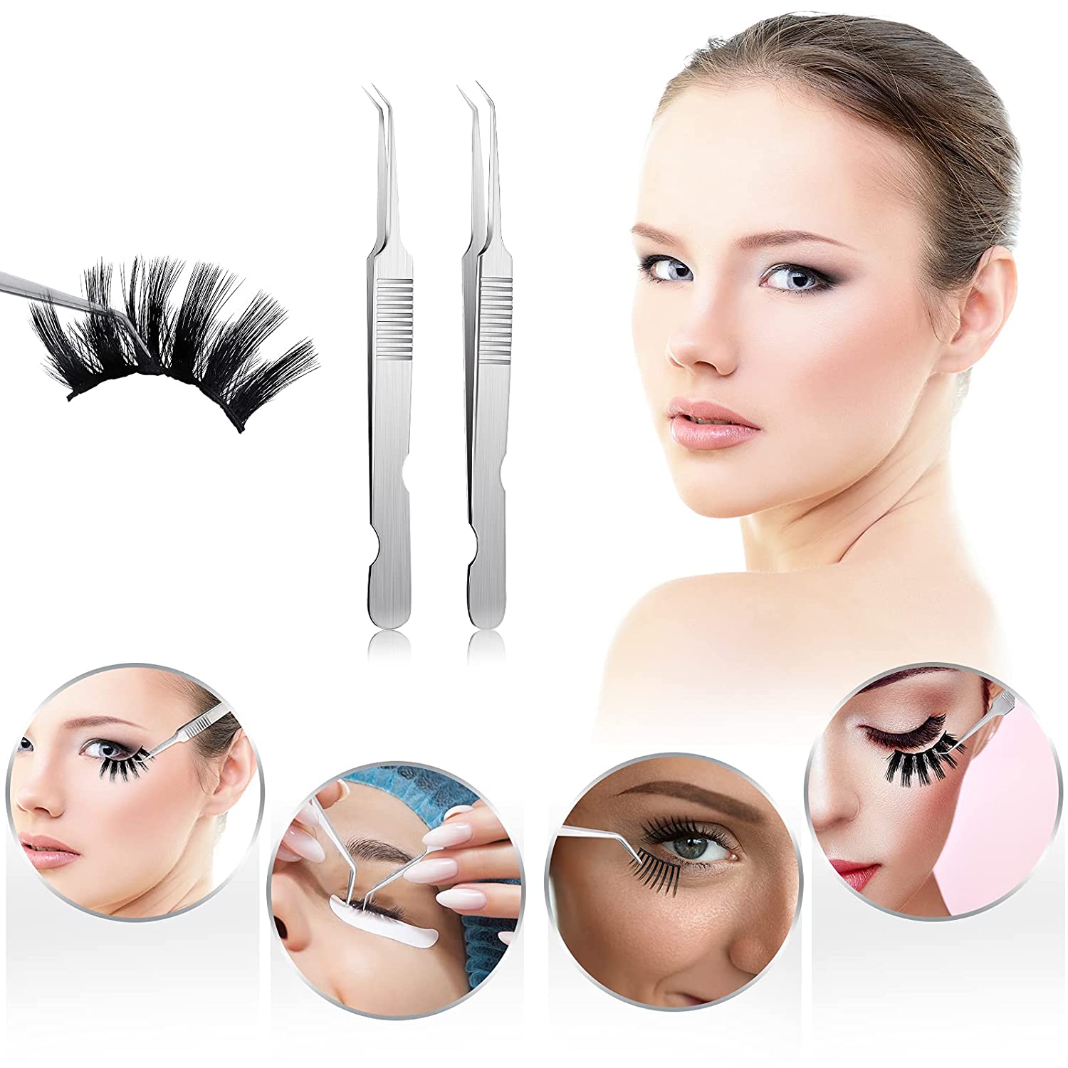 Stainless Steel 45 Degree Curved Tweezers Eyelash Applicator Tools