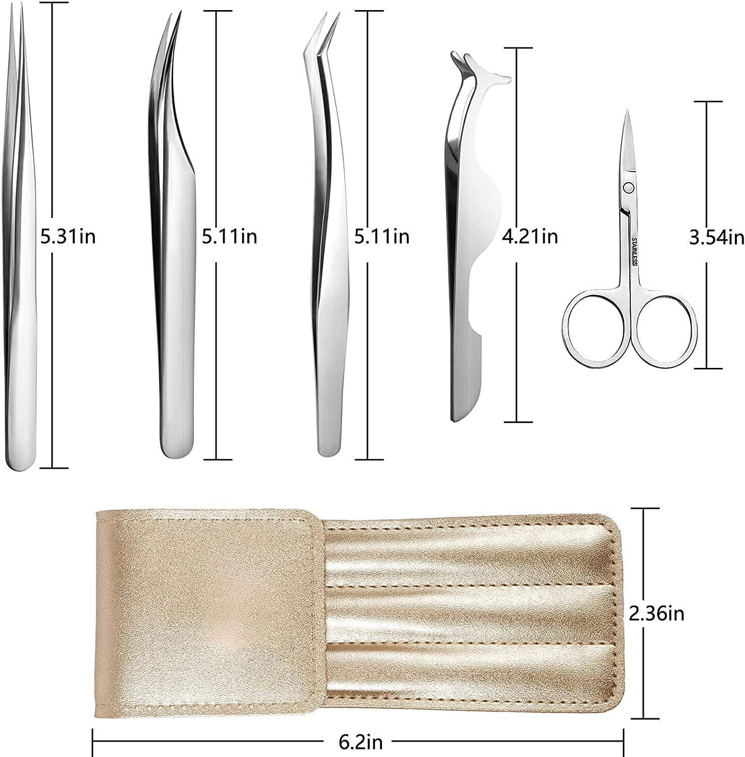 5pcs Eyelash Tools, False Eyelash Curler, Straight Tips Tweezers Set