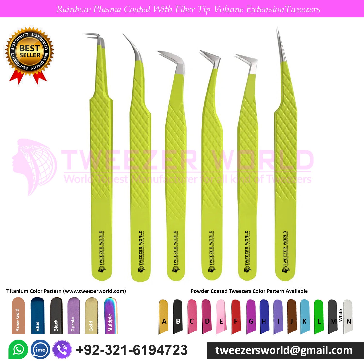 6 Pcs Powder Coated Green With Silver Fiber Tip Eyelash Extension Tweezers Set