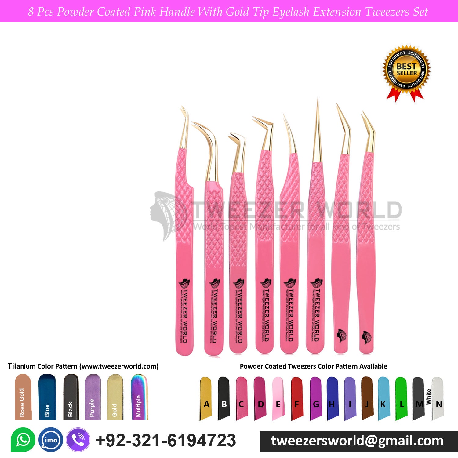 8 Pcs Powder Coated Pink With Gold Tip Eyelash Tweezers Set