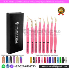 8 Pcs Powder Coated Pink With Gold Tip Eyelash Tweezers Set