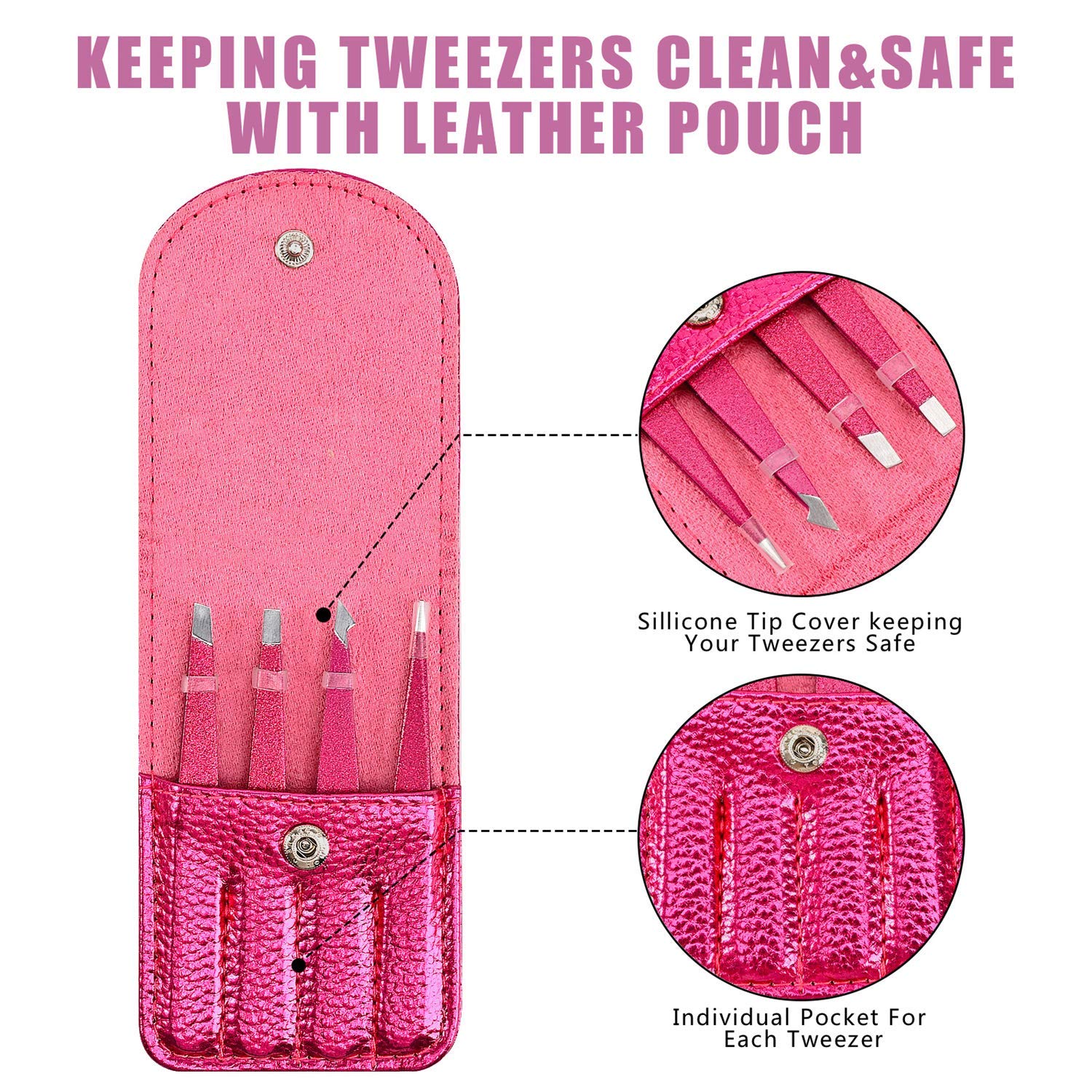 4-piece,Professional Slant Tip and Pointed Tweezers with Leather Case